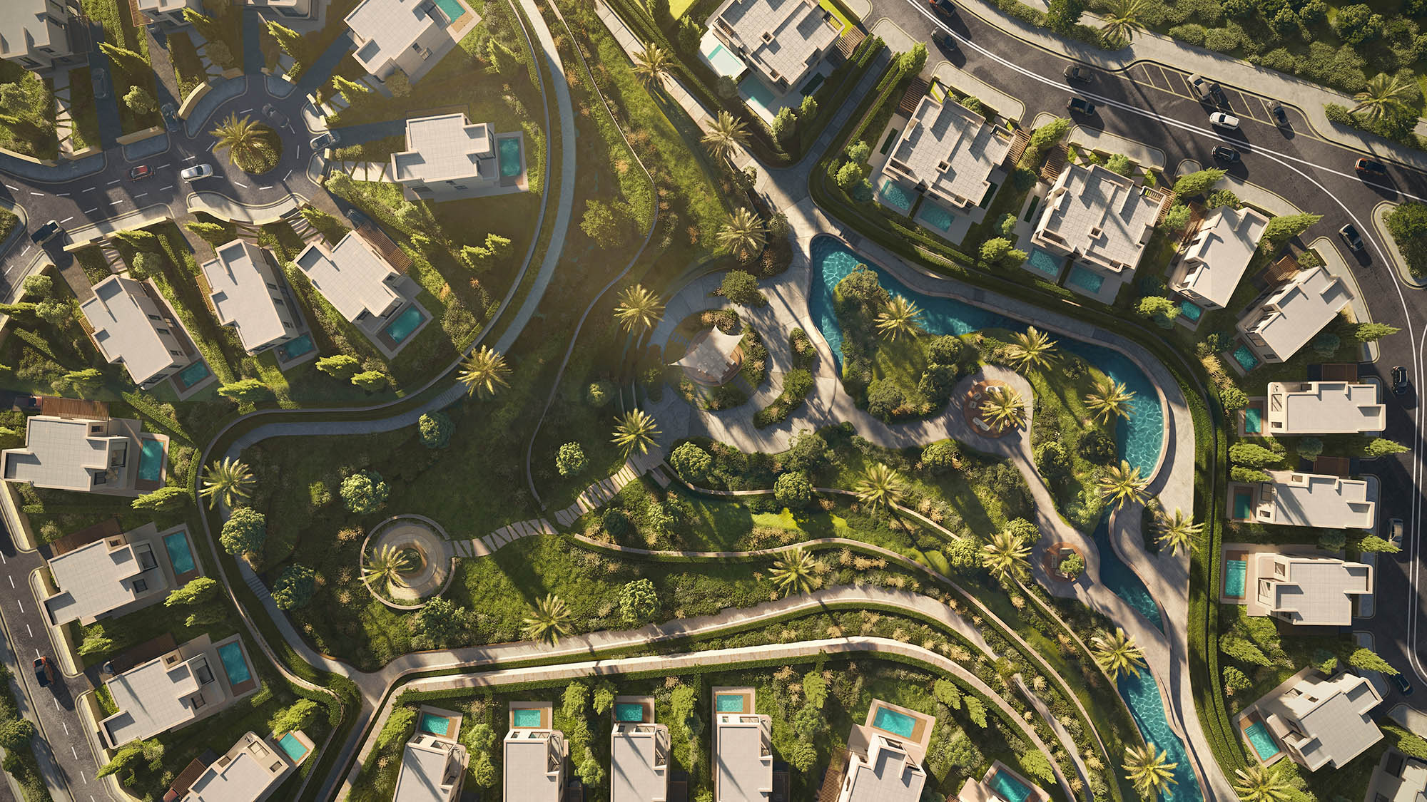 The Hillage landscaped water spine render